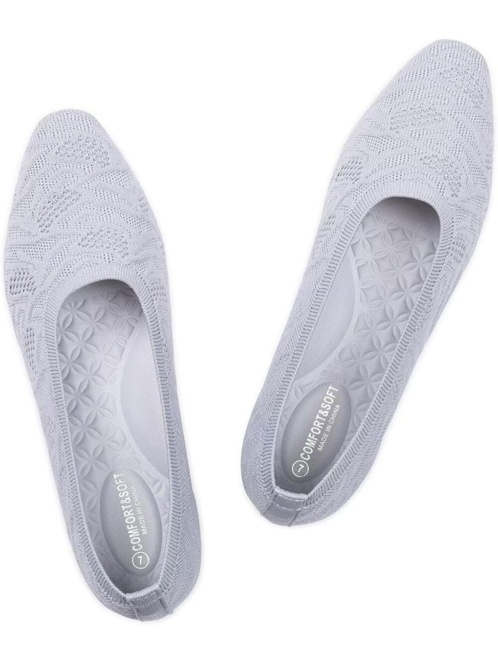 Frank Mully Women's Grey Mesh Rubber Knitted Square Toe Flats Lightweight Shoes
